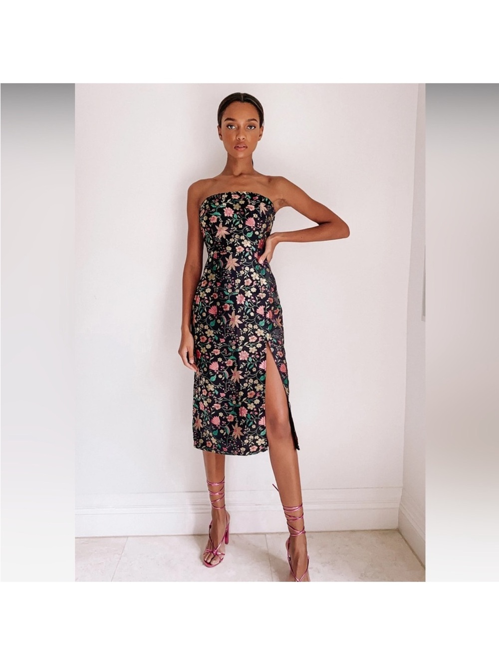 Lulus Make a Move Black Satin Floral Jacquard Strapless Midi Dress